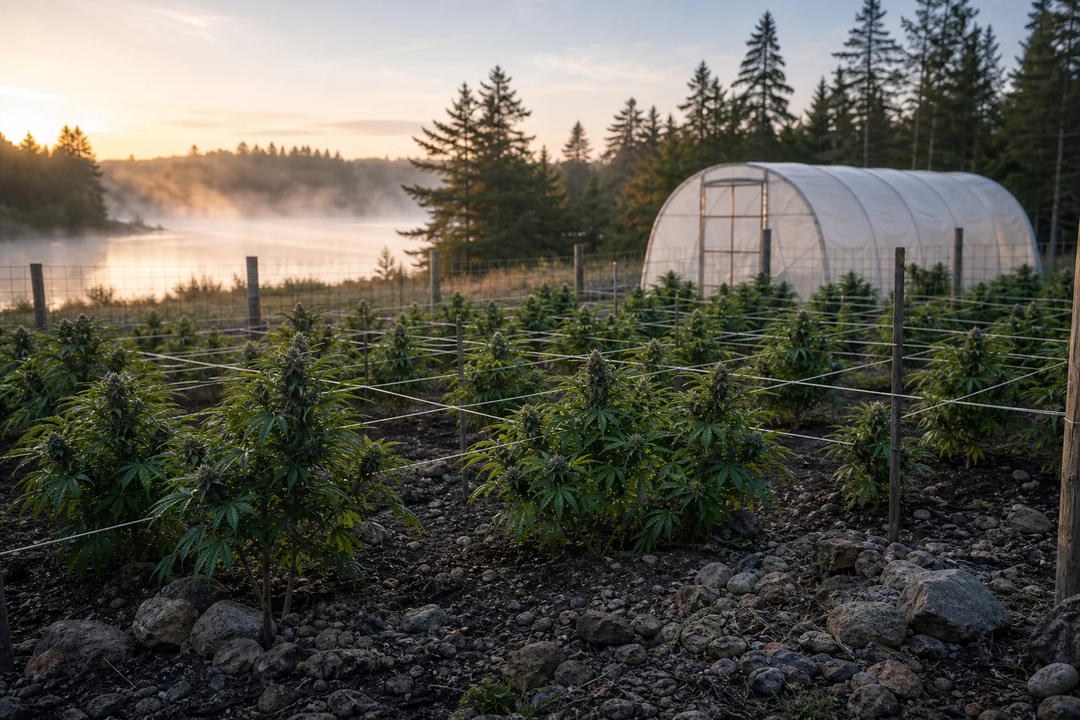 Dawn view of a fenced outdoor cannabis cultivation plot in a Maine coastal microclimate, with a hoop house, measured canopy grid, rocky soil and a pond in the background.