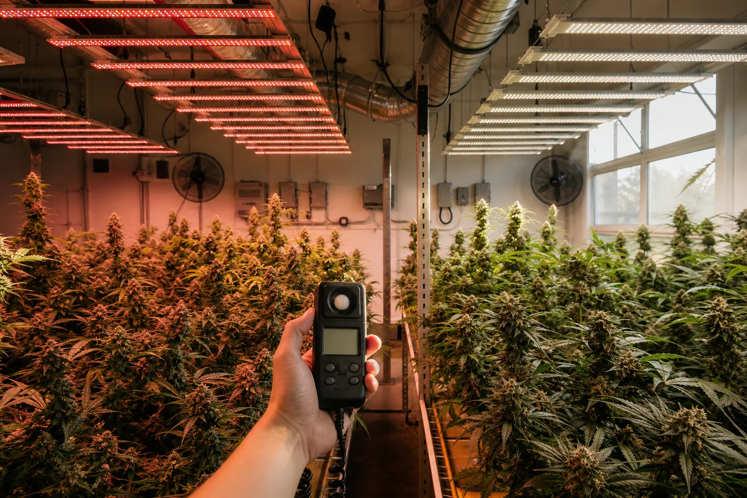 Interior view of two cultivation benches under different LED spectra with a quantum sensor in the foreground measuring light intensity; no logos or readable text.