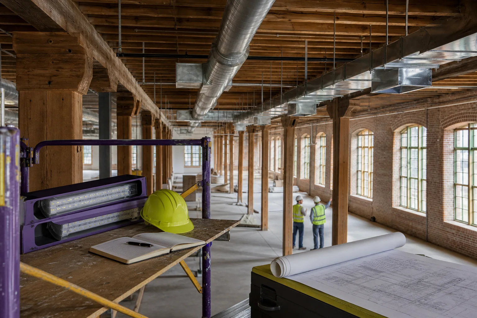 Interior renovation of a New England mill showing HVAC ducting, beams, scaffolding and boxed horticultural lights; engineerâ€™s tools on scaffold.