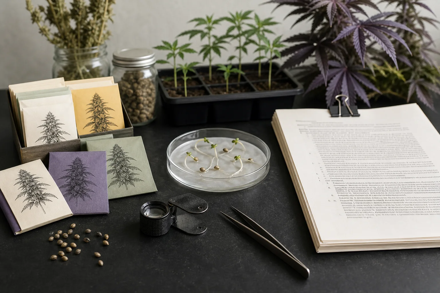 Macro editorial image of breeder seed packets, germinating seedlings, and clipped Maine statute pages, evoking small‑scale cultivar development and legal context.