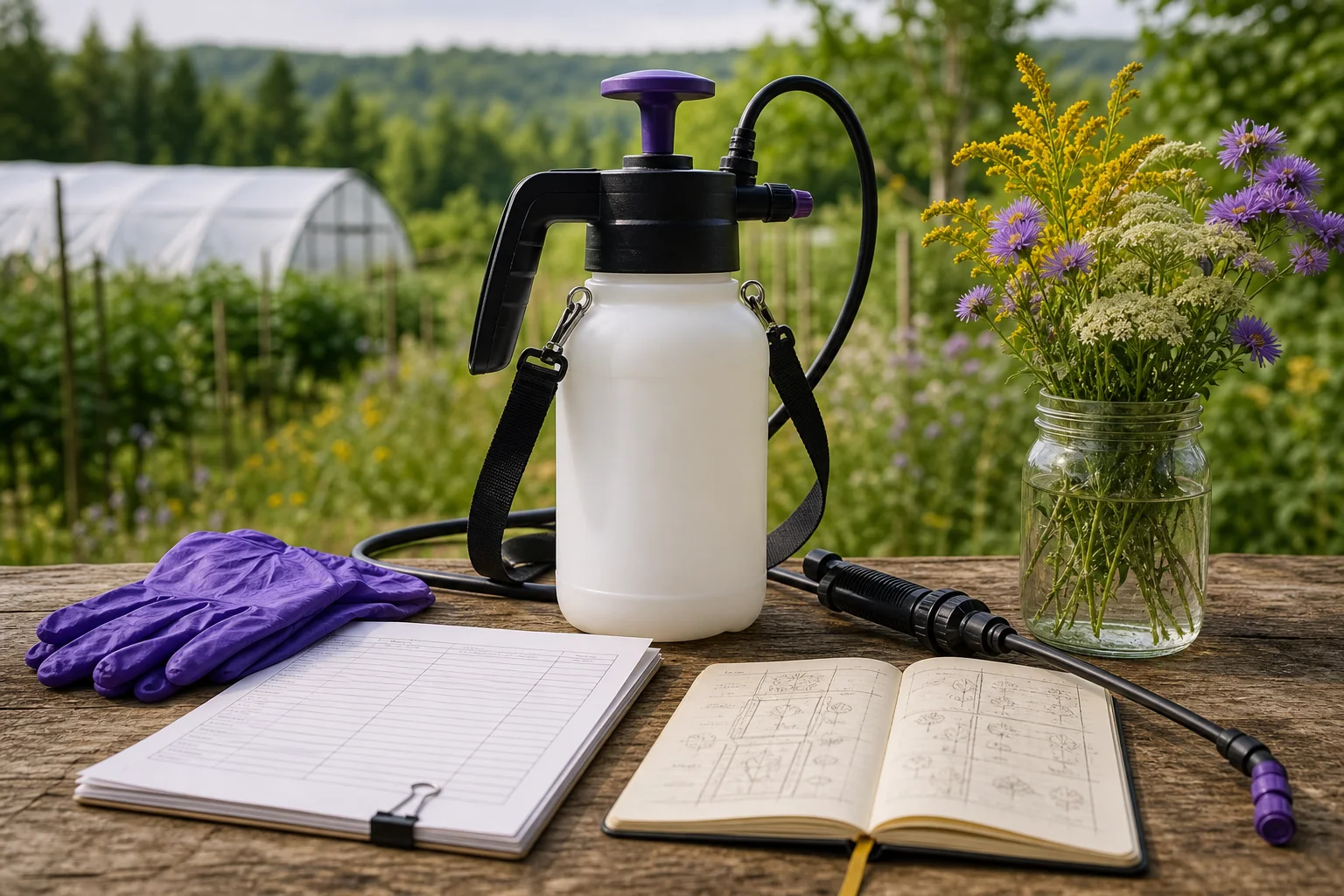A sprayer, gloves and a checklist on a table representing regulatory compliance and stewardship for spray adjuvants; no readable text or people present.