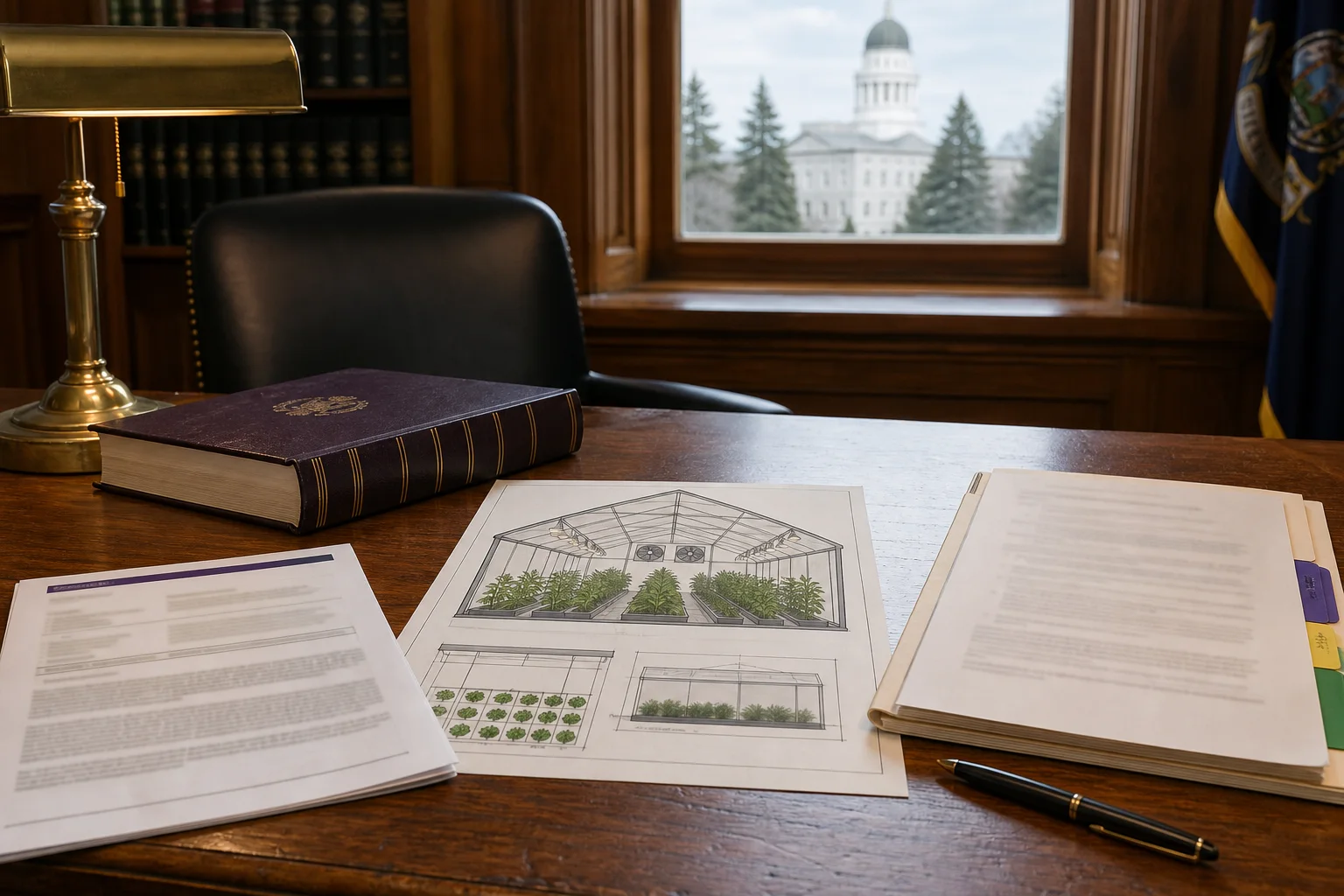 Documentary-style desk with statute book, cultivation plan diagram, and rulemaking packet—no readable text.
