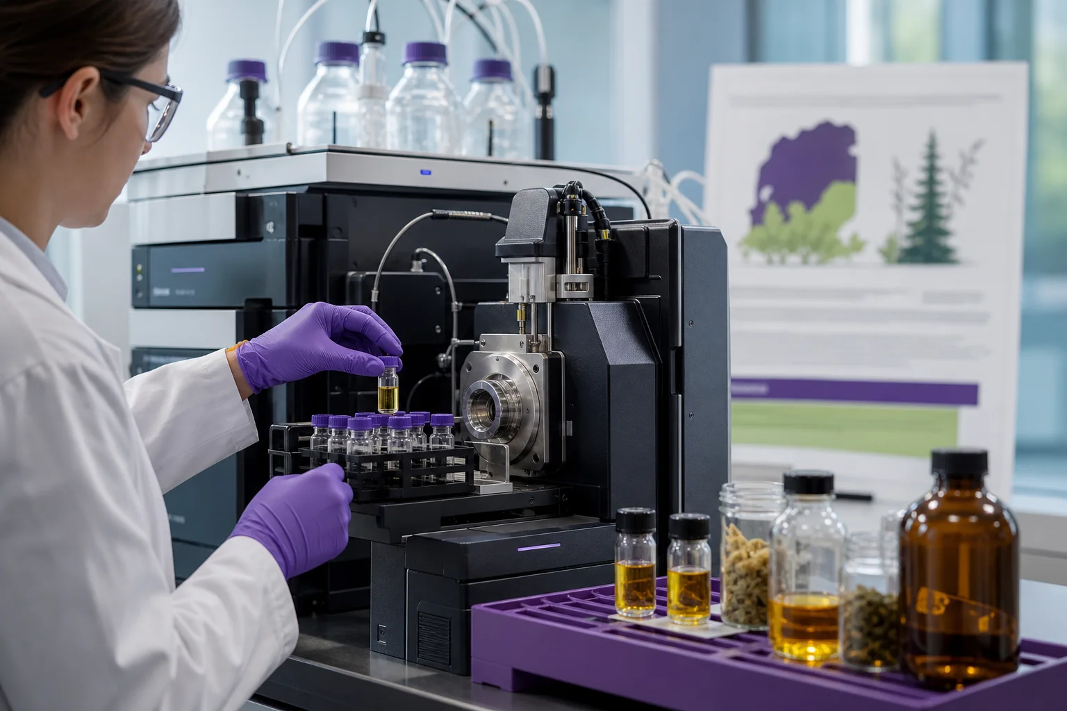 High-resolution LC‑HRMS instrument, vials of botanical extract, gloved technician, blurred state testing guidance in background.