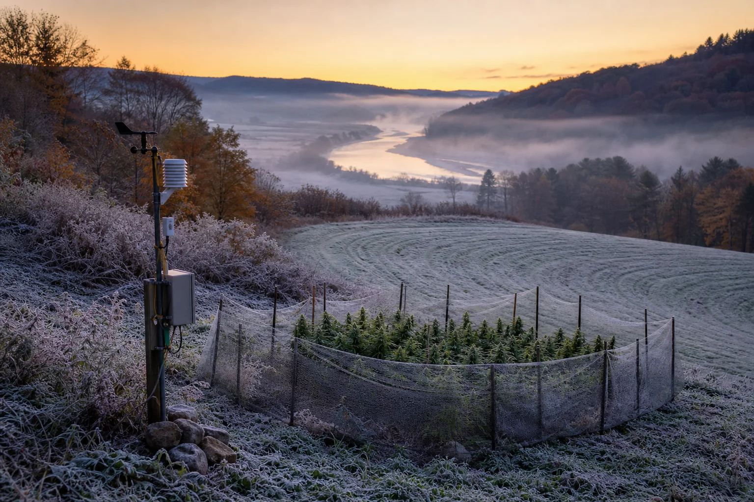 Dawn in a Maine valley with frost in the low rows, a weather station and soil temperature logger near a fenced small cultivation plot; gentle slope and cloudless sky visible.