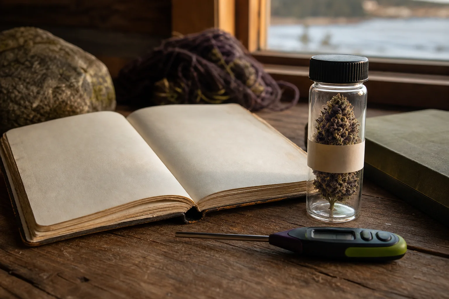 A field notebook, small sealed vial with a cured cannabis calyx, and tools for recording provenance — the start of a living alphabetical garden ledger.