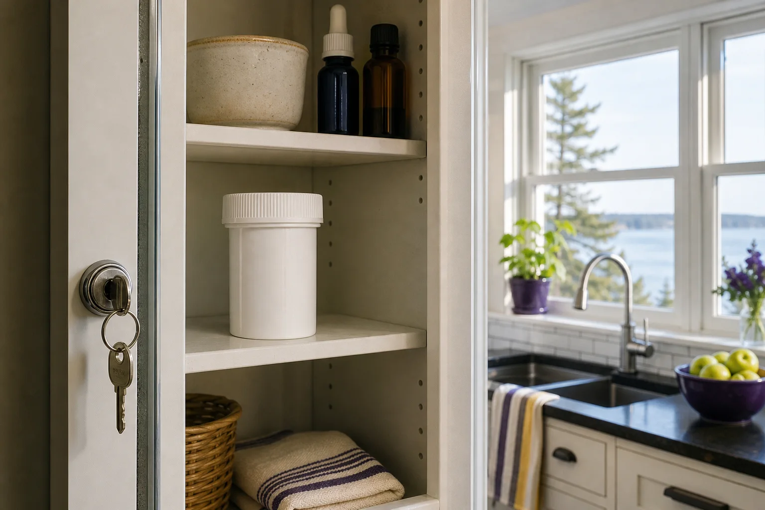 Locked cabinet shelf with a childproof container and a blurred poison control sticker in a Maine kitchen—symbolic image about safe storage.
