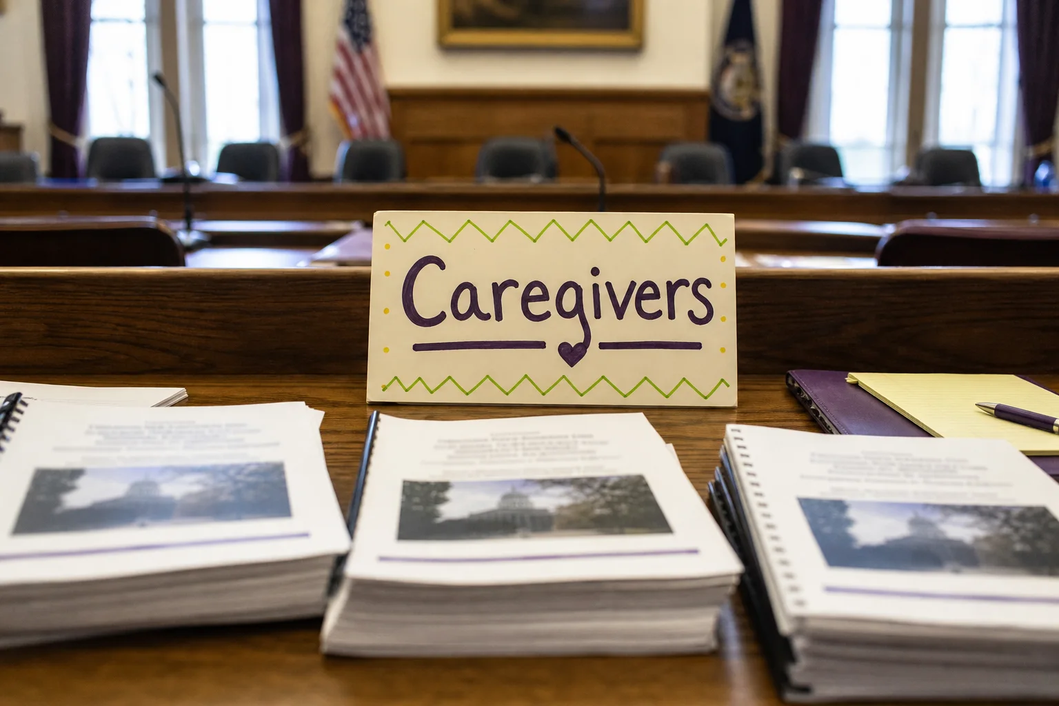 Conference table with blurred testimony packets, Maine Legislature hearing room in background, small caregivers sign.