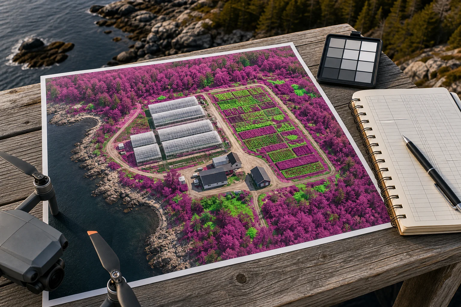 Top‑down drone photo of a greenhouse and outdoor plots printed with false‑color NDVI tones beside a reflectance panel and a flight logbook — an editorial tableau about aerial sensing and calibration.