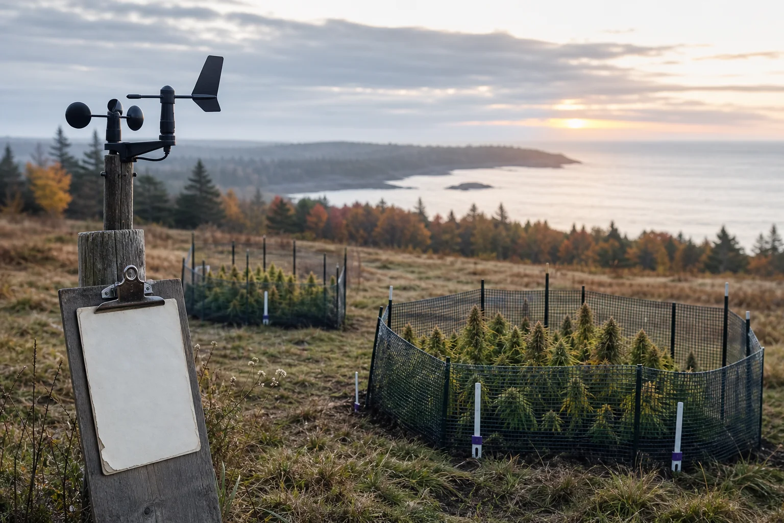 Dawn coastal hill with fenced seed plots, anemometer on a post, and a clipboard (no readable text); atmospheric, documentary style.
