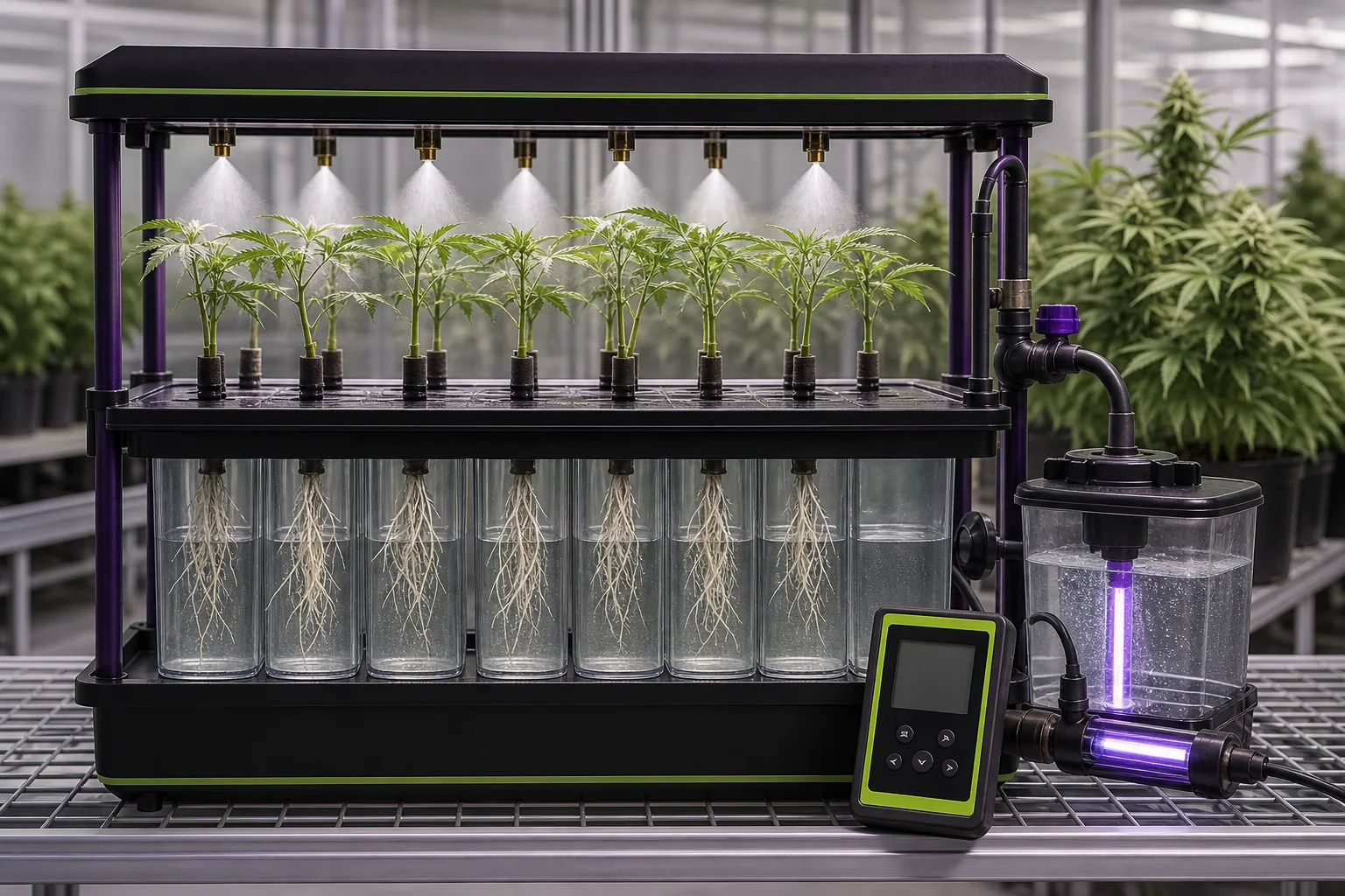 Aeroponics propagation rack with misting nozzles, suspended cannabis cuttings with emerging roots visible, reservoir and digital EC meter—clean commercial greenhouse bench.