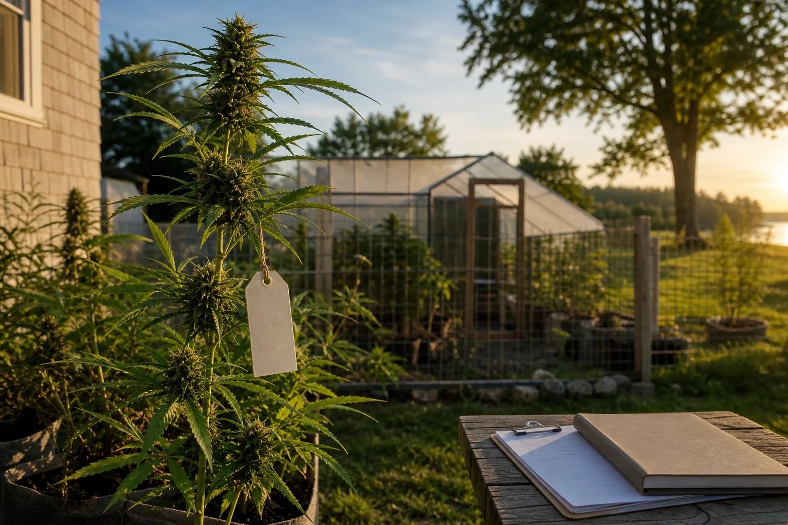 A small backyard greenhouse and fenced garden in Maine at golden hour with a plant tag on a stem and a clipboard nearby; suggests home cultivation and recordkeeping.