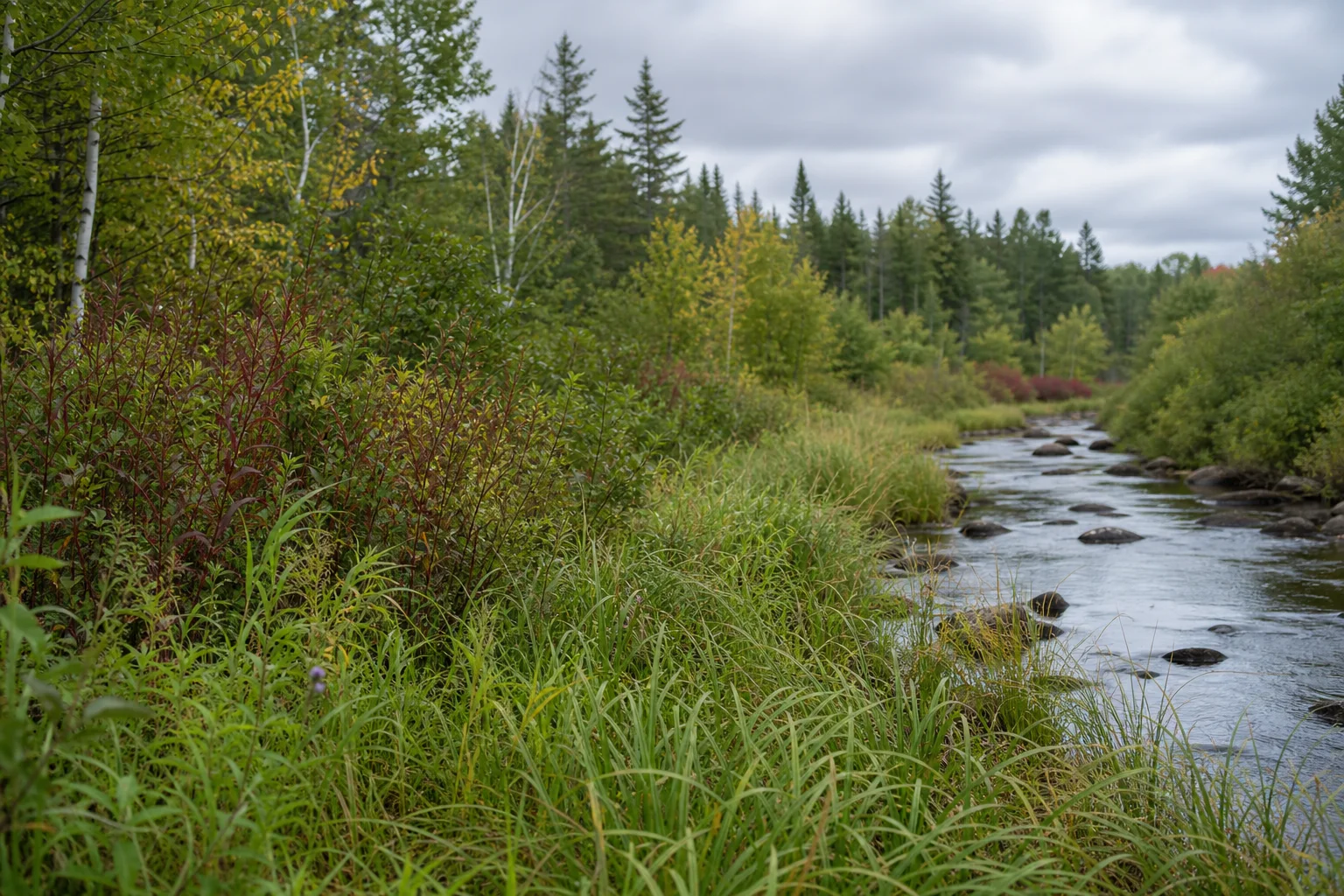 A multilayered riparian buffer—grasses, shrubs, and young trees—protecting a small Maine stream, photographed in soft overcast light; no signs or text visible.