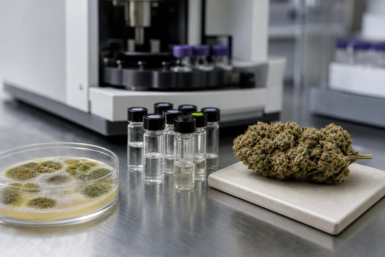 Close macro editorial image: petri dish with fungal growth, LC‑MS sample vials, and a dried cannabis flower arranged on a bench—laboratory testing context.