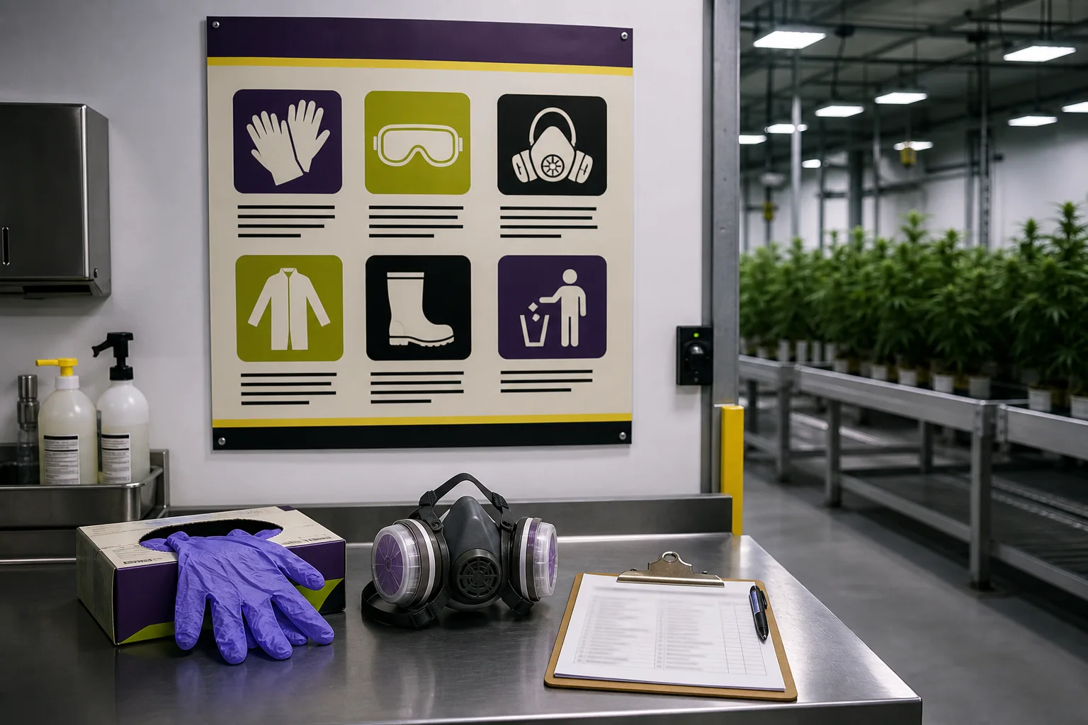 An industrial grow facility maintenance bench with gloves, a P100 respirator, and a blurred MDOL safety checklist — an editorial image about worker safety and PPE.