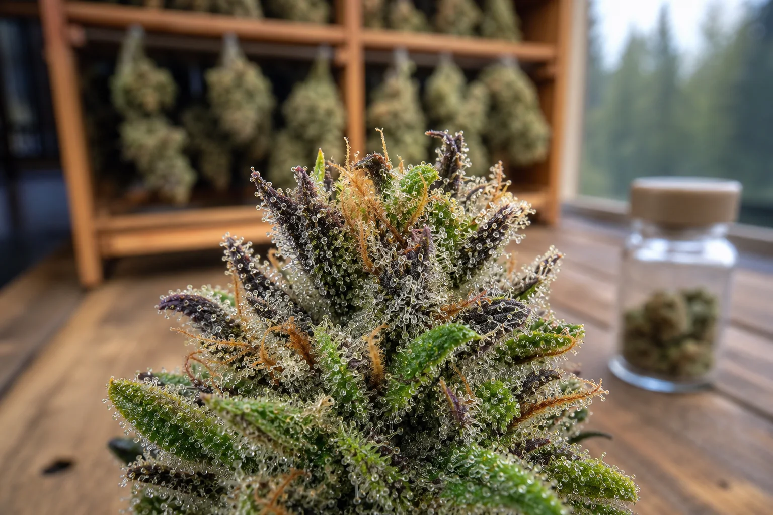 Macro of cannabis flower with visible glandular trichomes; drying rack and unlabeled vial blurred in the background, cedar work surface — botanical post‑harvest scene.