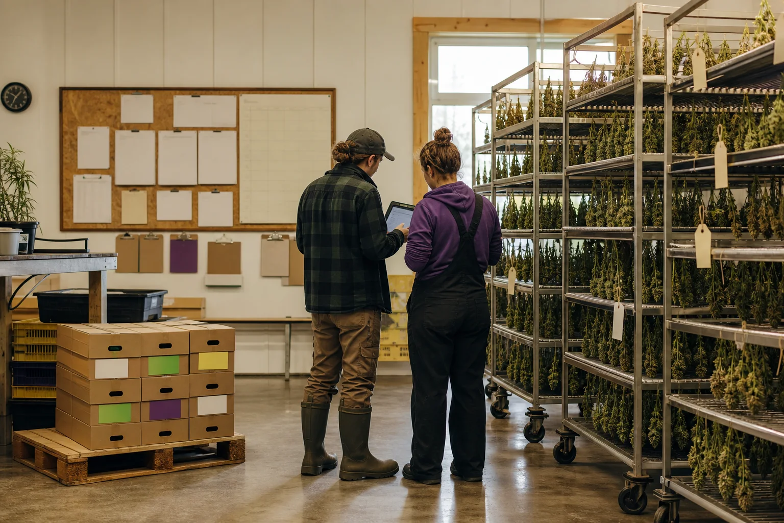 Shared post‑harvest room with drying racks, planning board (no readable text), and two people reviewing a tablet; documentary style.