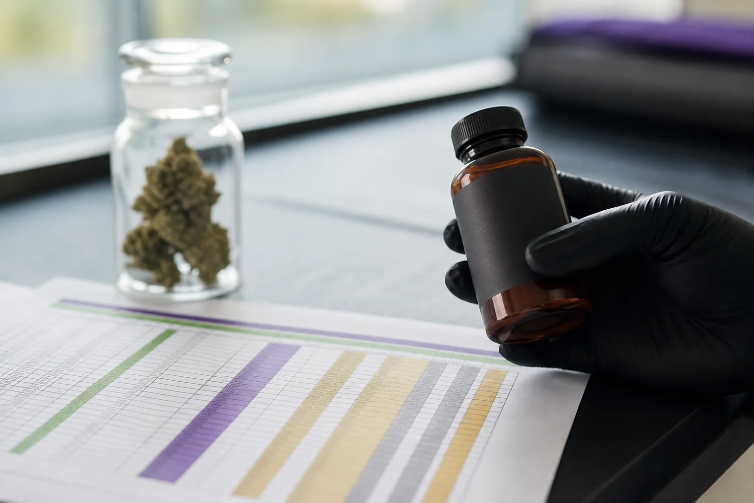 Editorial still life: pesticide bottle and analytical vial beside a printed registration table and out‑of‑focus cannabis flower—no readable labels.