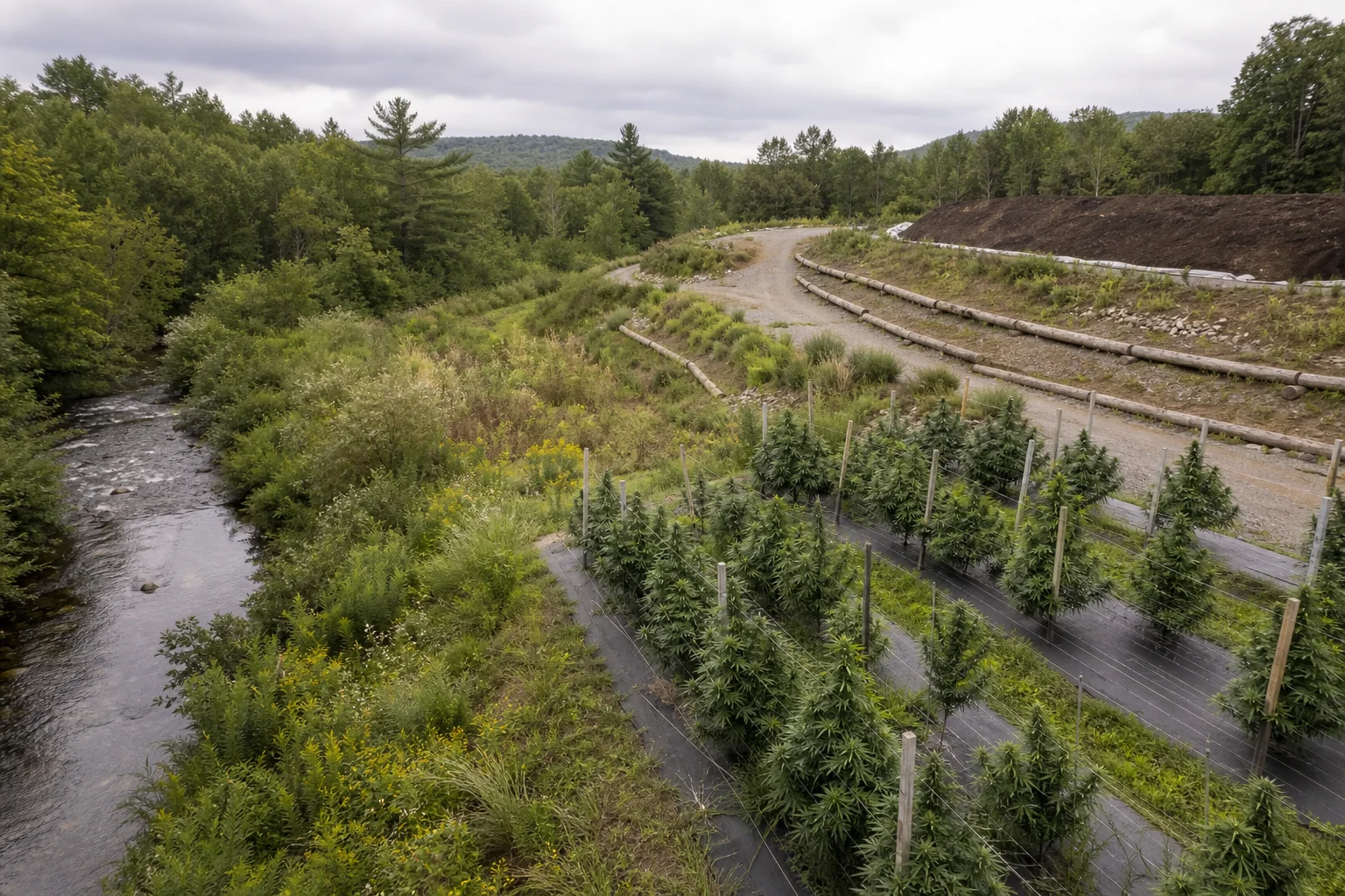 Overhead view of a small cultivated field with a riparian buffer, erosion-control measures on an access road, and a compost windrow—illustrating BMPs for cannabis farming in Maine.