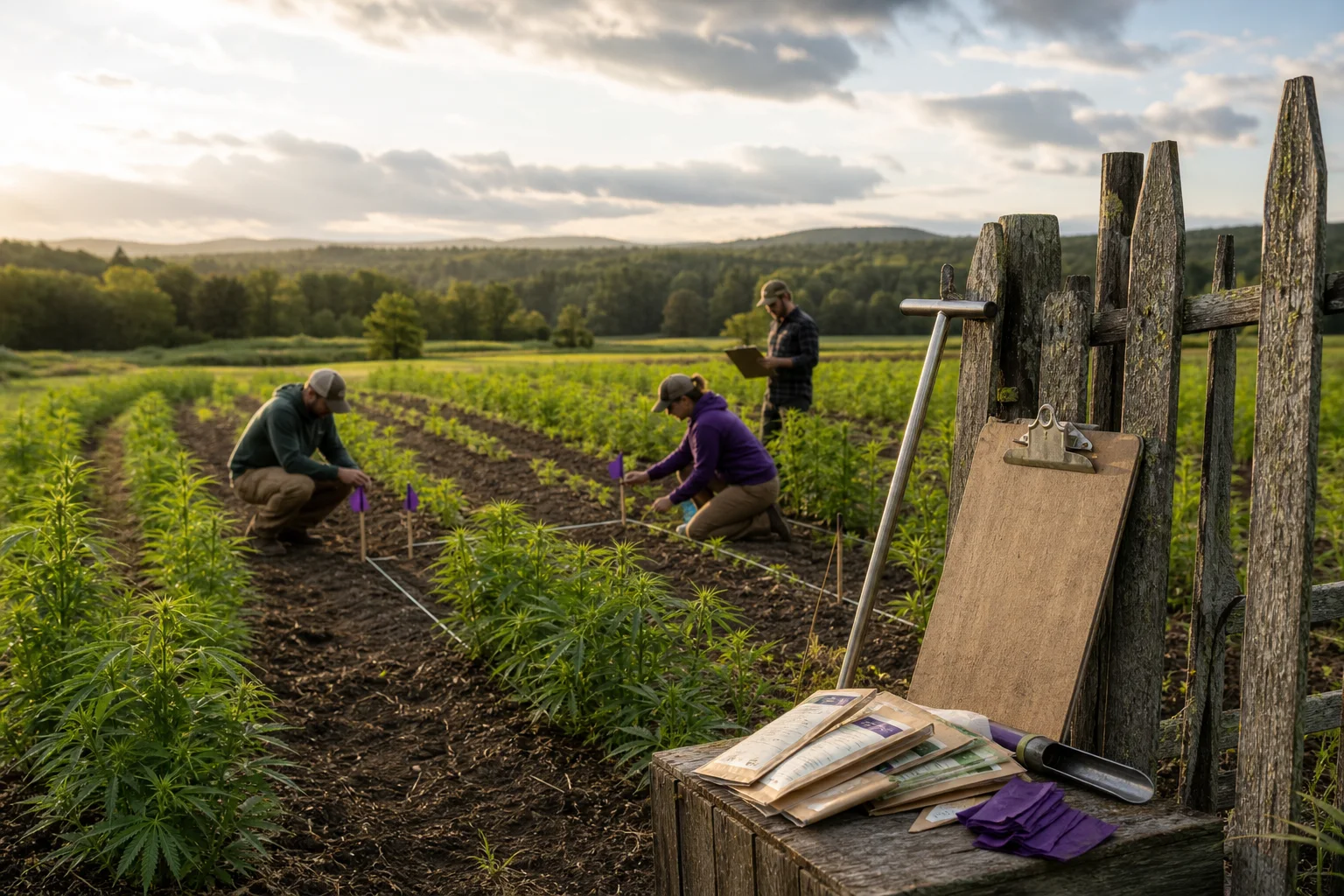 Documentary-style photo of a small Maine farm field marked into discrete plots with survey flags, a soil probe and seed packets on a wooden clipboard near a fence under late-afternoon light.