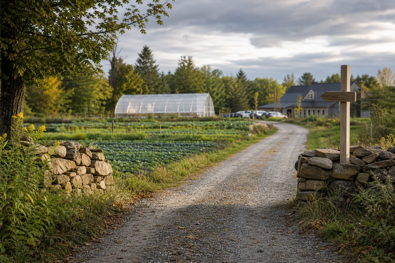 Farm gate and lane in Maine with nearby greenhouse and cover‑crop rows; no readable text.