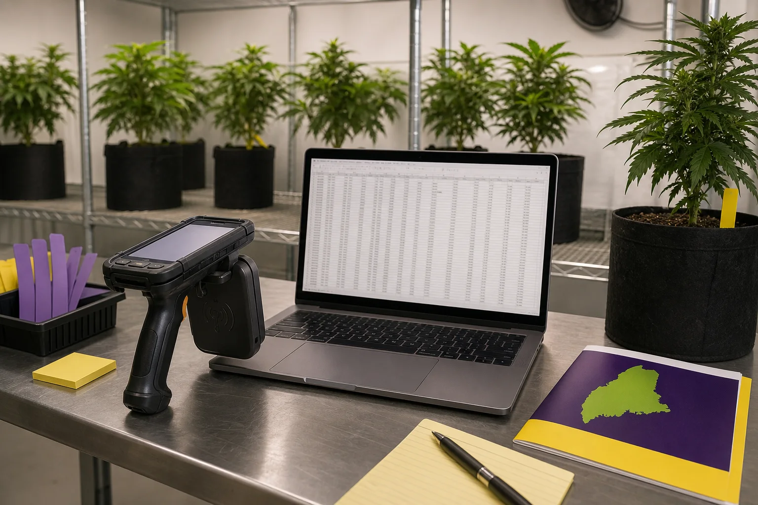 Grow bench with RFID reader, laptop showing a CSV-style inventory export (text not legible), and a printed procurement brochure edge—represents seed-to-sale and recordkeeping.