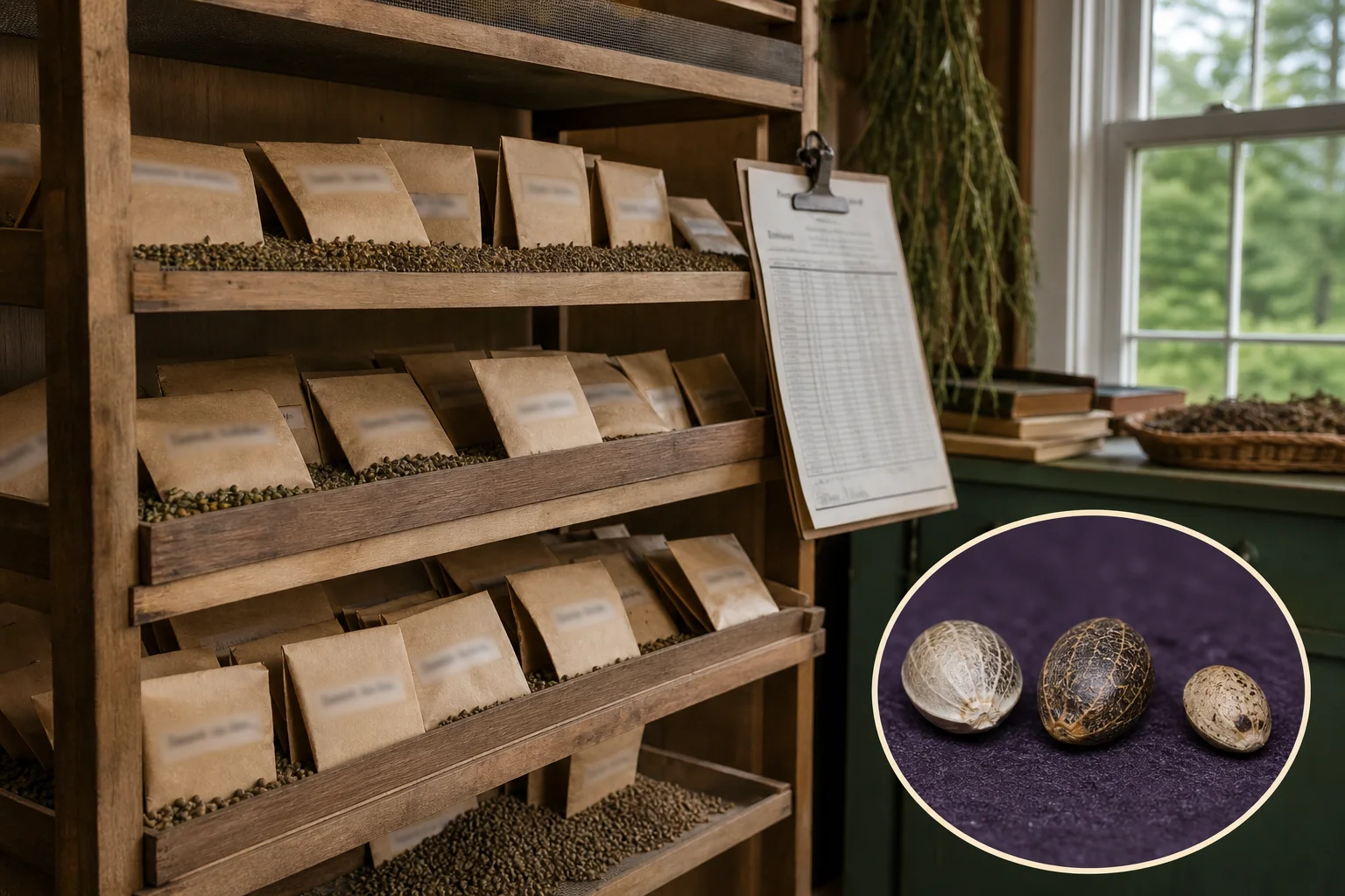 Seed packets on a drying rack, blurred Maine DACF planting report nearby, inset macro of diverse cannabis seeds.