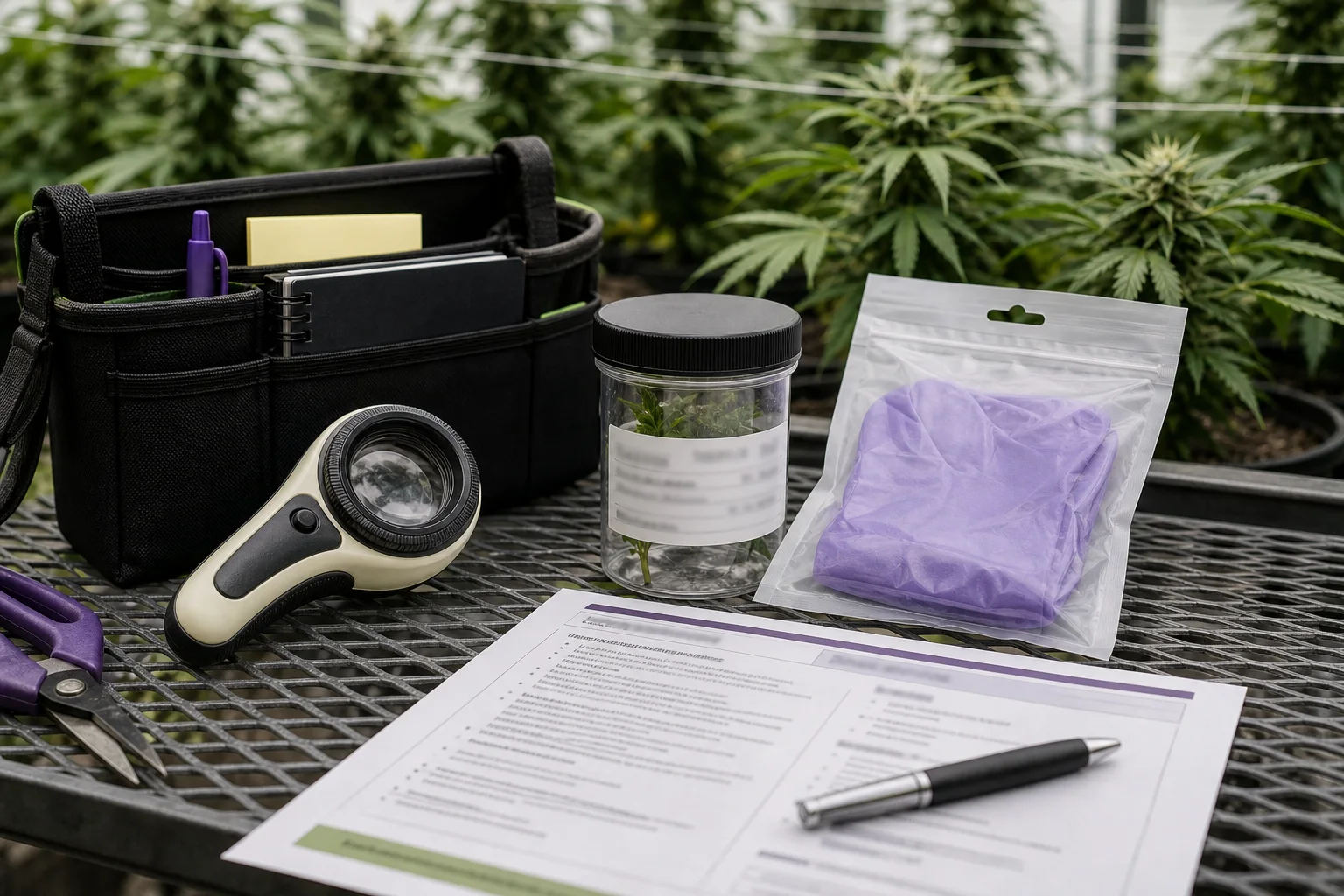 Close-up of an IPM kit on a greenhouse bench with magnifier, sample jar, gloves, and a blurred meeting agenda sheet.
