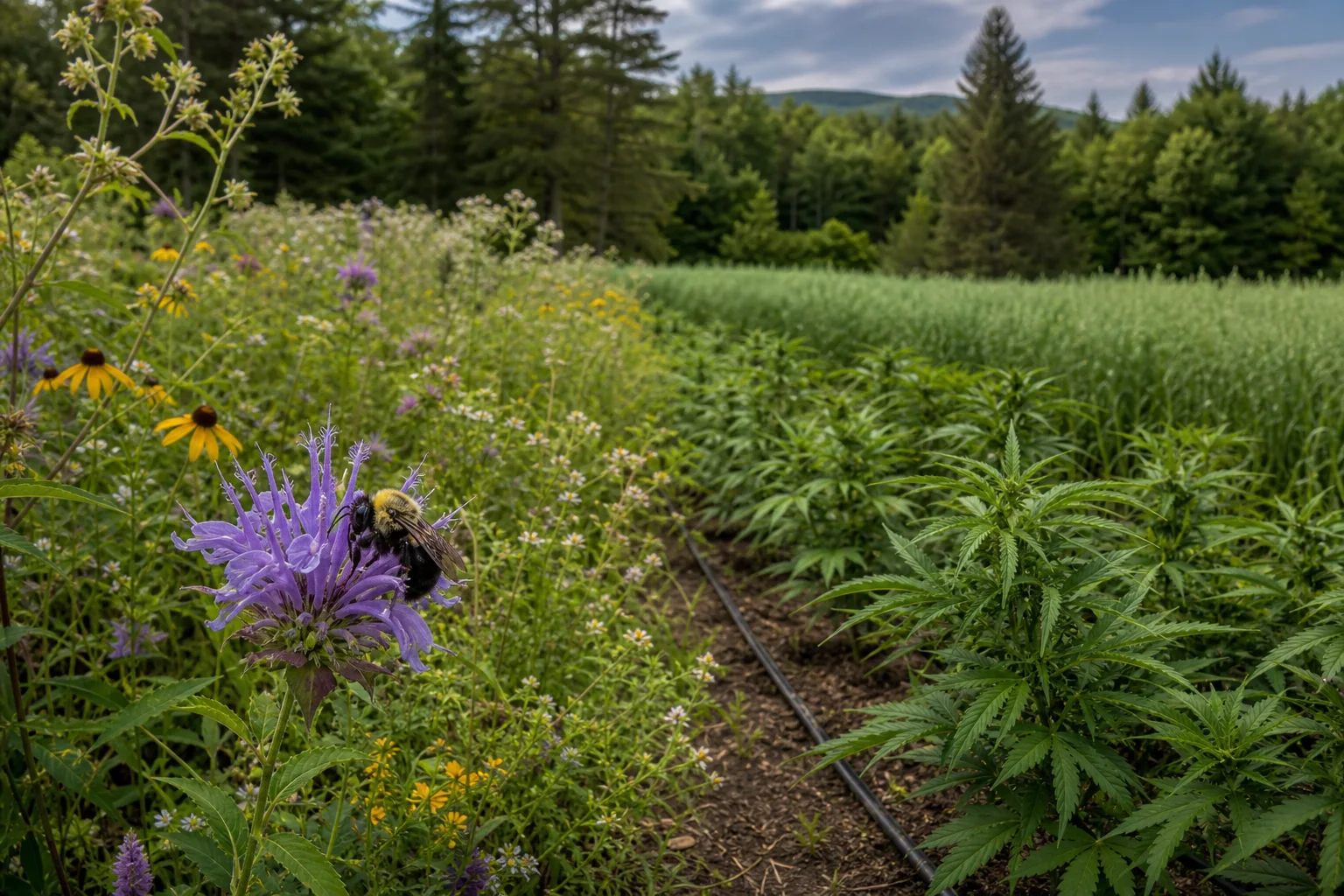 Field edge with native flower strip beside a small cannabis plot and a cover crop in the background; close-up of a non-commercial bee on a native flower.