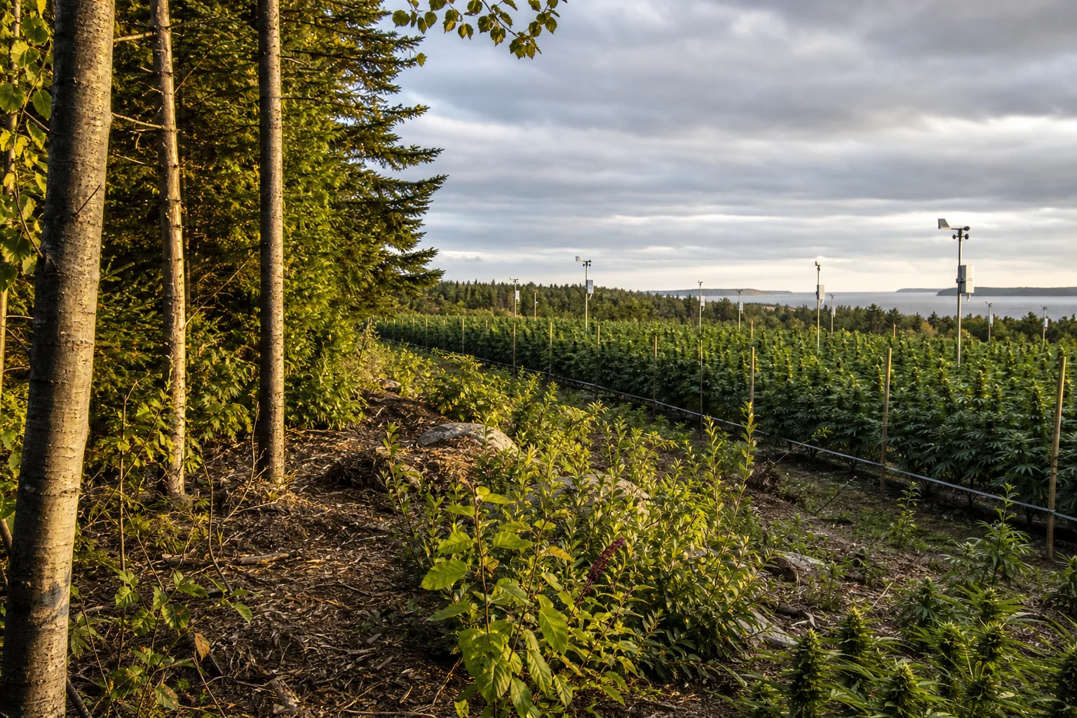Mixed native shelterbelt bordering a cultivated cannabis plot in Maine, with wind sensors and detailed tree and crop morphology.