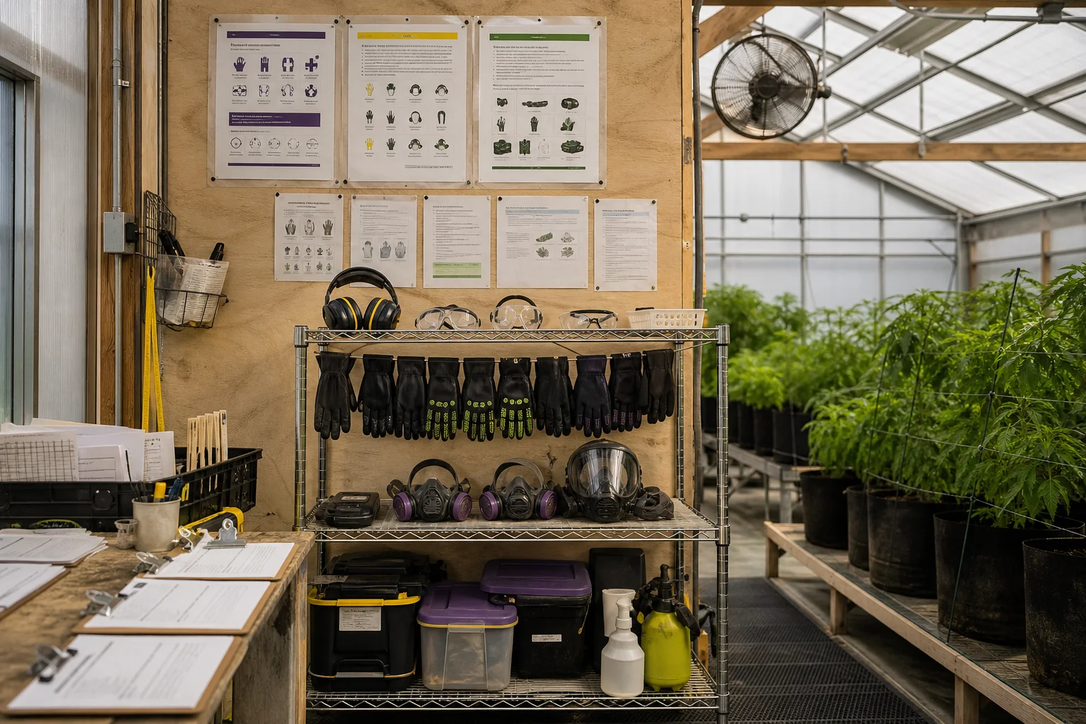 Documentary editorial image of a small greenhouse interior showing a PPE station with respirators and gloves on a shelf, clipboards with checklists, and a wall with training posters (unreadable) — illustrating workplace safety in.