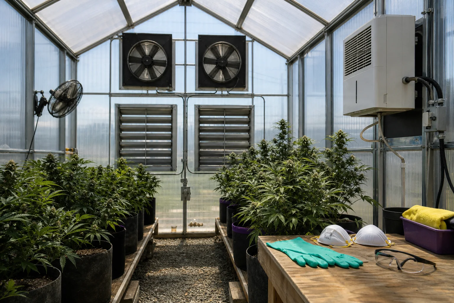 Interior editorial image of a small greenhouse with ventilation fans, sidewall vents, dehumidifier, and PPE on a workbench; no readable labels.