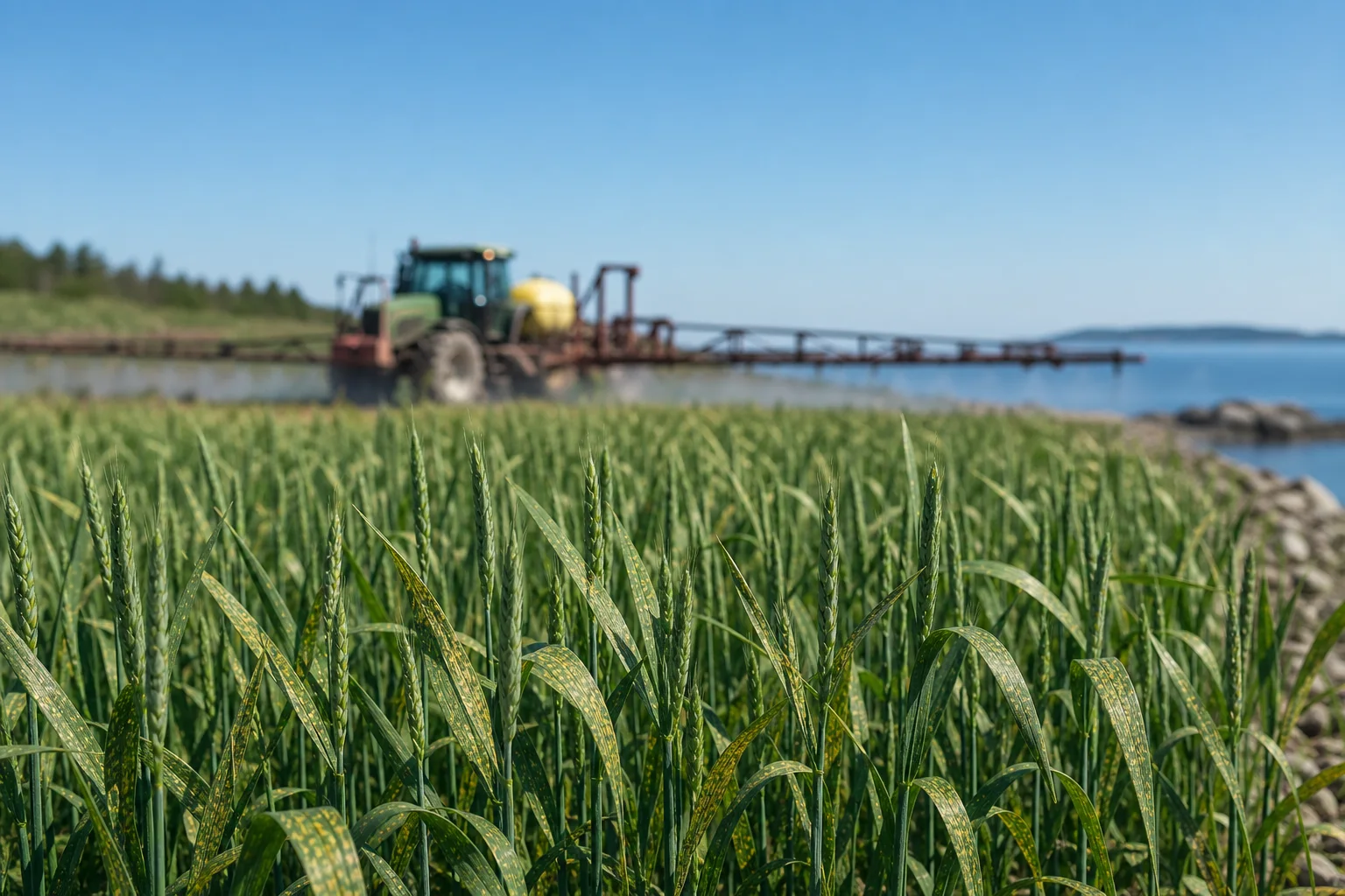 Field edge in Maine showing crop rows with distant agricultural spray equipment out of focus; no readable text.