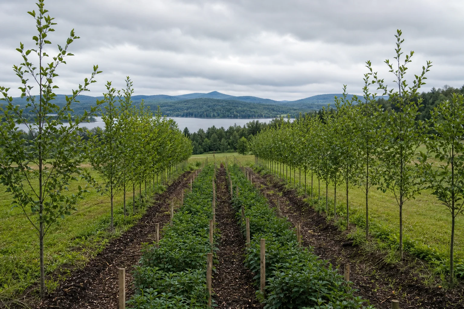 Maine farm alley cropping scene: rows of young alder saplings with alleys planted to small horticultural beds beneath a cloudy sky.