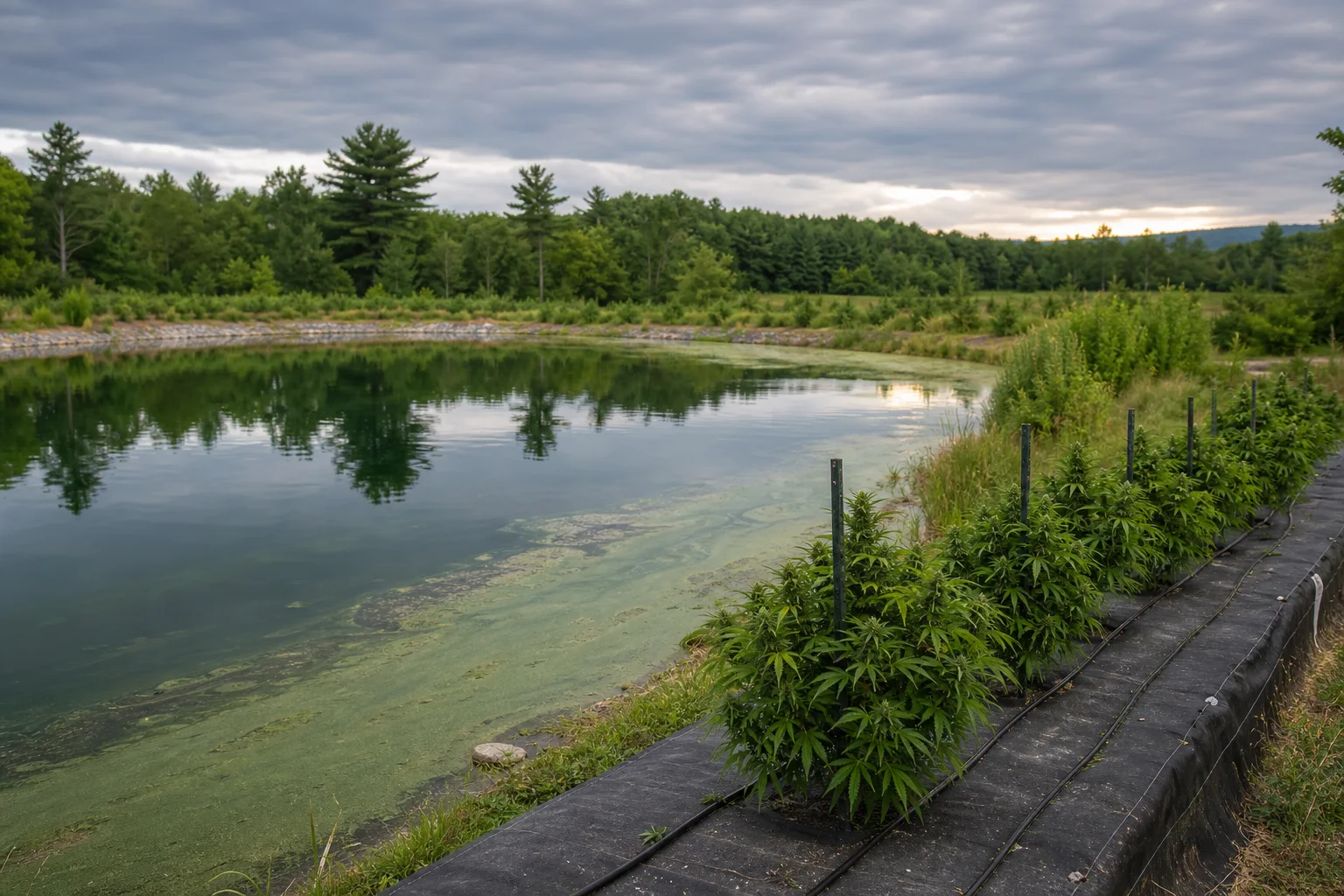 Irrigation pond with a narrow band of green algal scum at the margin and nearby raised beds supplied by drip irrigation.