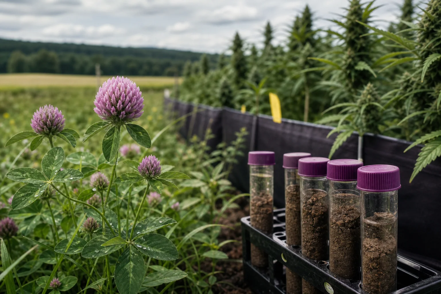 Close view of a clover cover crop next to an experimental cannabis bed, with soil sampling tubes and a blurred agricultural program sign in the background.