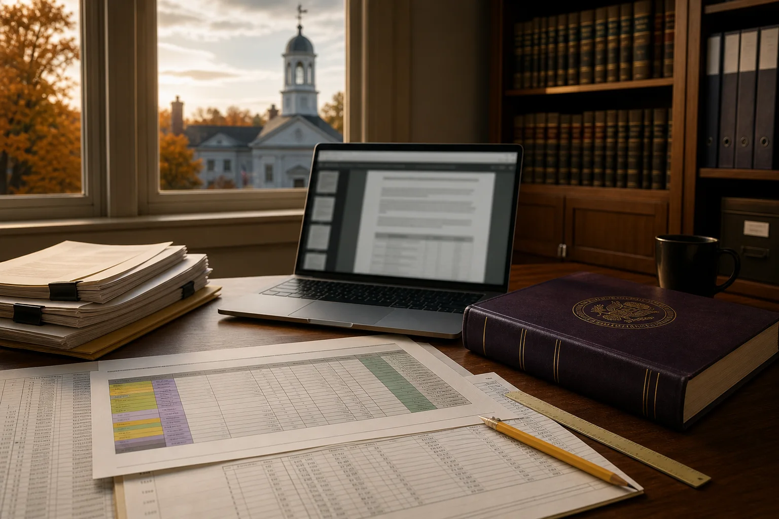 Documentary editorial image of a town office worktable with government papers and laptop displaying a blurred government PDF, backlit by an autumn afternoon over a small Maine town hall — no readable text.