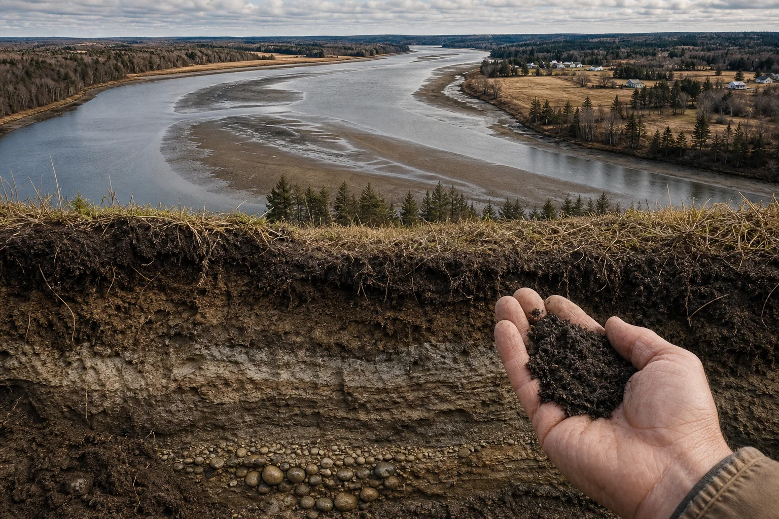 Aerial view of a tidal river bend with exposed sediment bars and adjacent fields, alongside a close soil profile showing layered alluvial deposits; no text.