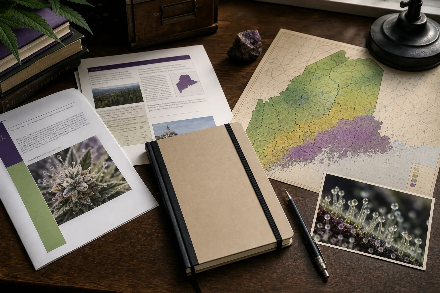 Flat-lay of an archivist’s desk with printed OCP guidance, a NIST report, a blank Mainezilla Gardens notebook, a Maine map, and a macro cannabis trichome photo.
