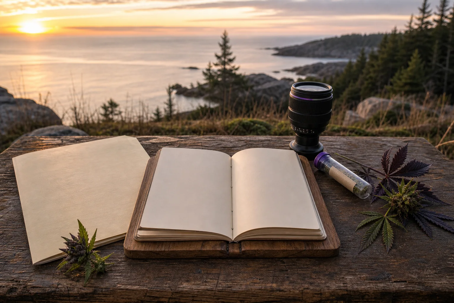 Field notebook open beside a folded OCP application, macro lens and sample tube on a coastal dawn background.