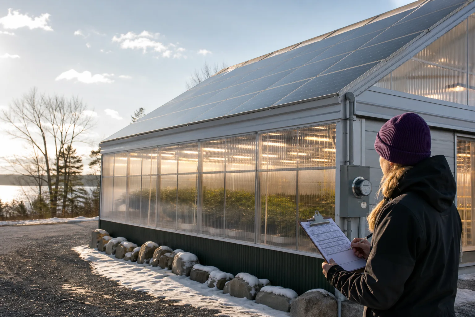 Greenhouse with rooftop solar, LED light glow through panels, exterior electric meter and an energy audit clipboard nearby.
