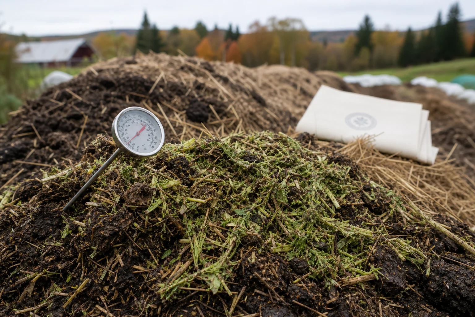 Compost windrow with mixed plant material and straw, a compost thermometer probe in the pile; a blurred guidance sheet sits beside the pile.