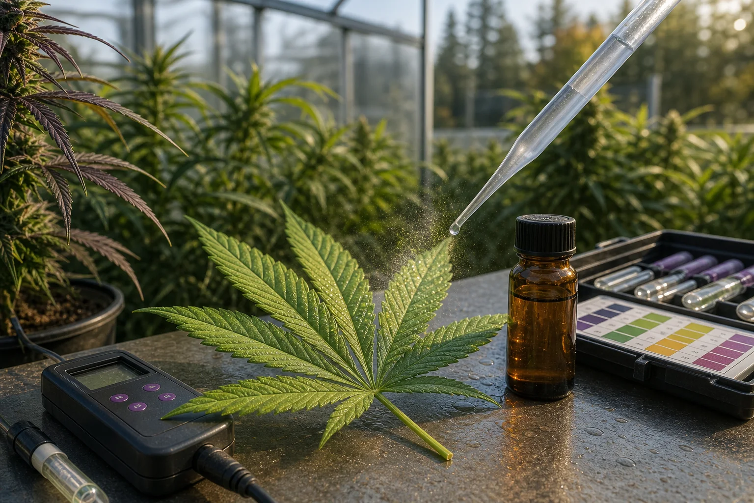 Macro greenhouse image of a cannabis fan leaf receiving a clear foliar spray from a lab pipette; nearby are a pH meter and sample vial on a bench under soft natural light.