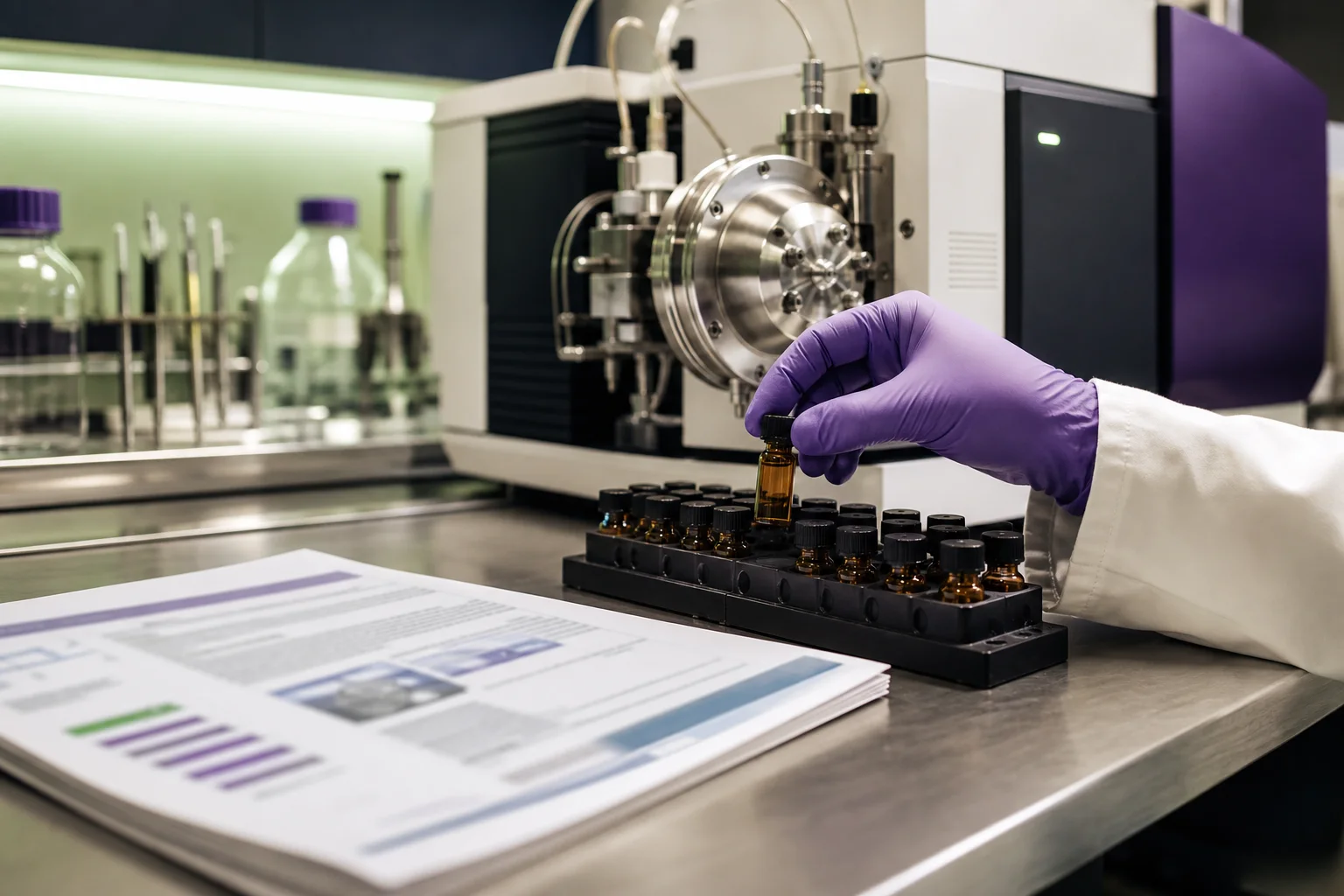 Clinical lab close-up: vial on a bench with mass spectrometer equipment in the background and a blurred printed health advisory beneath it.