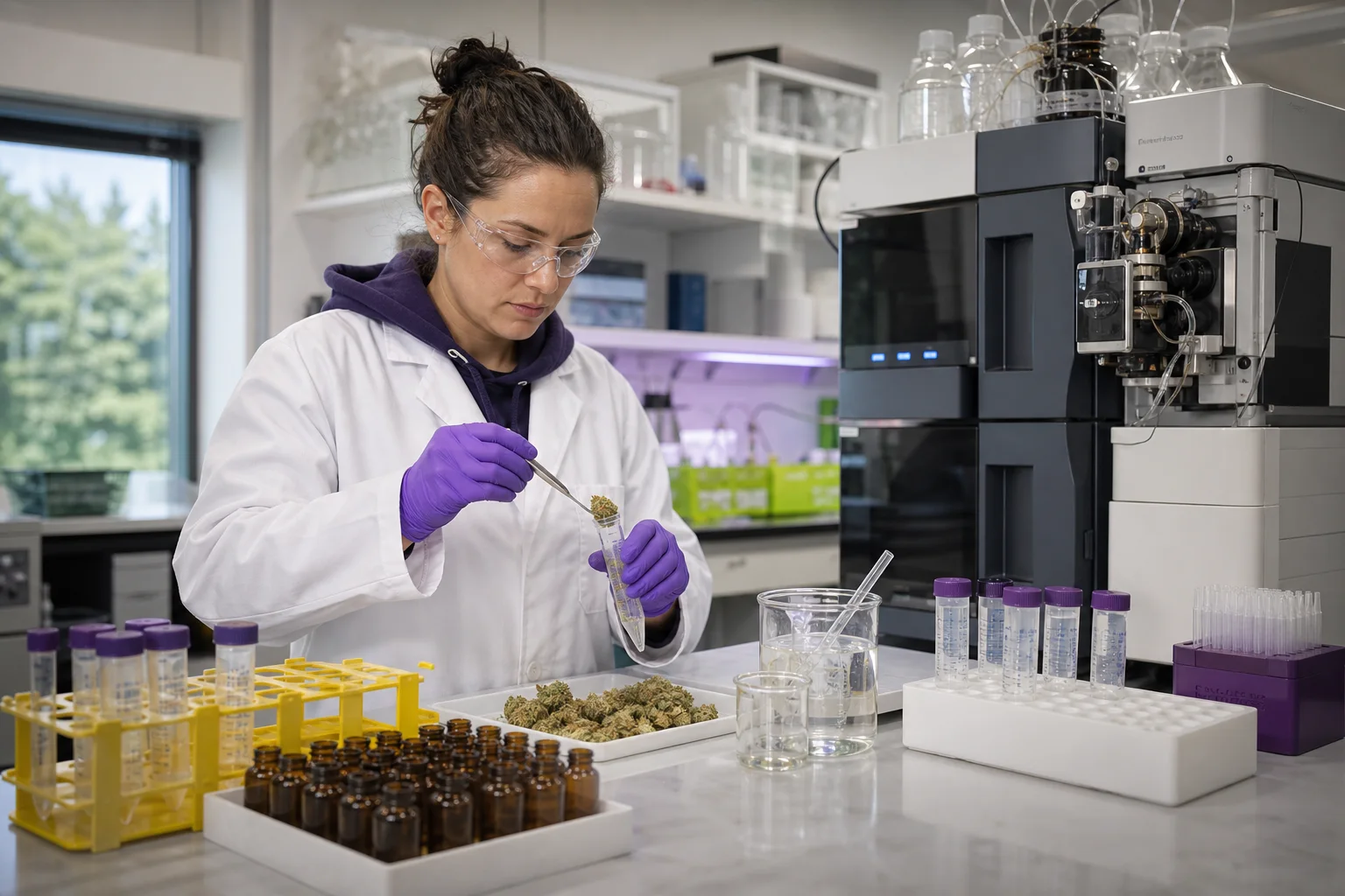 Laboratory bench with a technician preparing cannabis flower samples for pesticide analysis beside an LC‑MS/MS system; no logos or text.