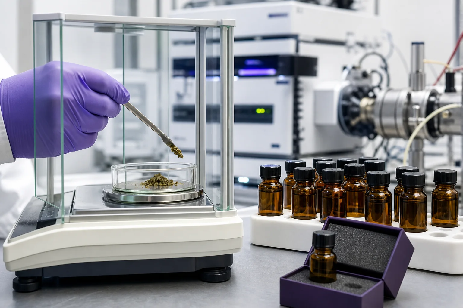 Macro editorial photograph of a cannabis testing lab bench: balance, unlabeled sample vials, an LC column and a boxed reference material vial; clinical lighting, no readable text.