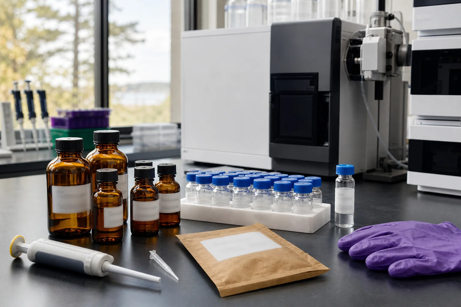 Laboratory bench with sample vials and a characterized reference material packet, pipette and LC‑MS instrument components visible; no text.
