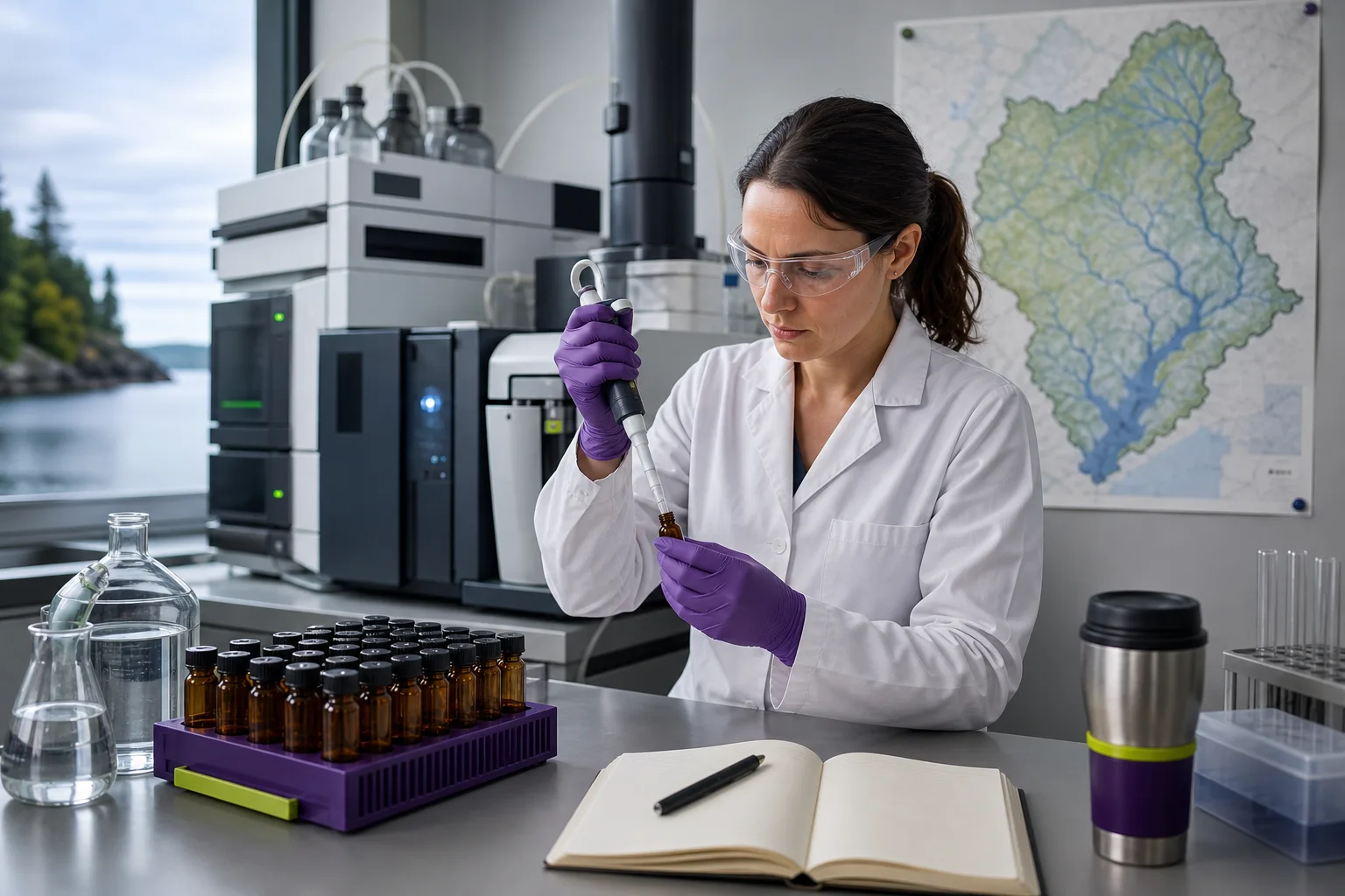 An analytical chemistry bench with an LC‑MS instrument, amber sample vials and a blurred map of a Maine watershed in the background — conveys water testing and regional stewardship without visible text.
