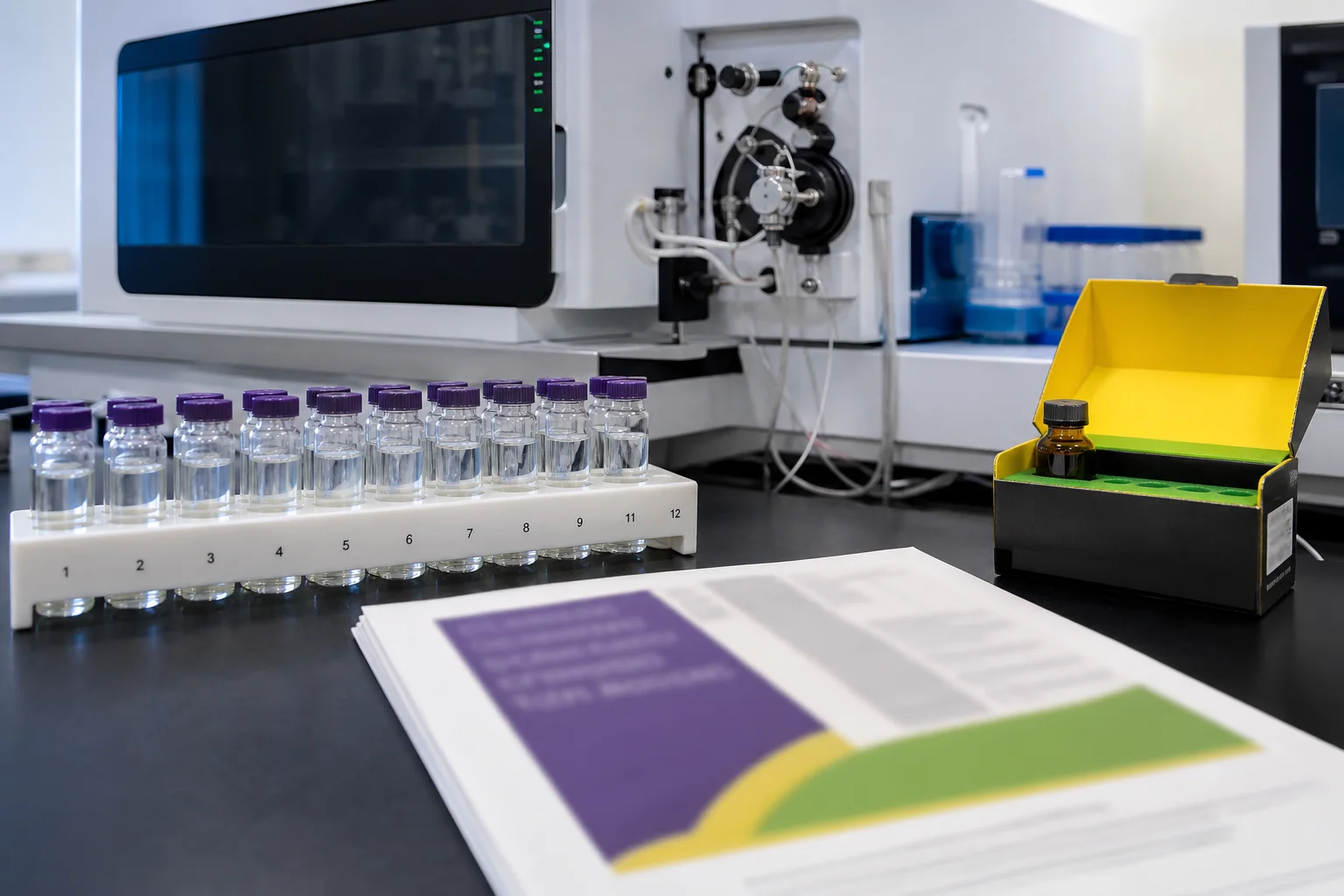 Laboratory bench with ICP-MS sample vials, LC-MS in background, blurred printed OCP chapter 5 guidance, and NIST reference material packaging.