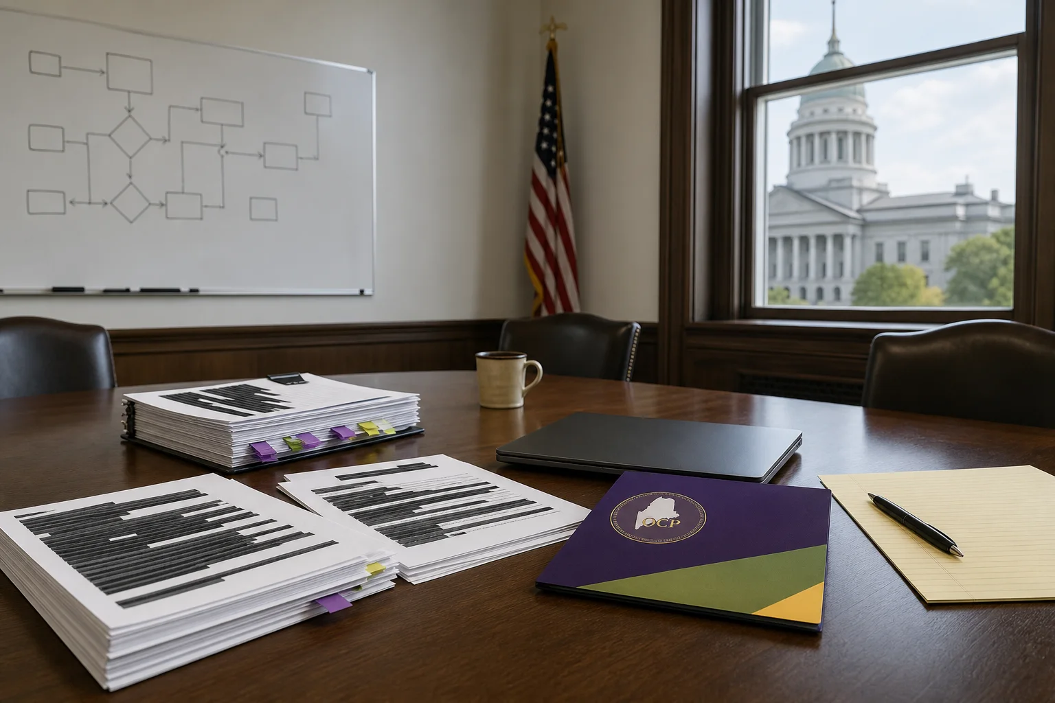 Meeting table with redacted procurement documents, a laptop, a Maine OCP folder, and a whiteboard with an indistinct flow diagram; no people or readable text.