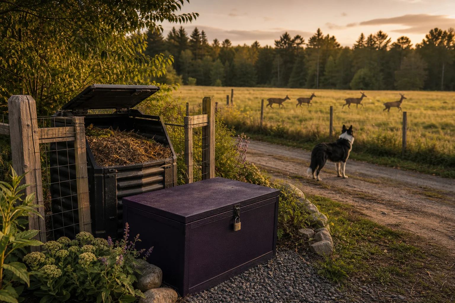 Mixed‑use Maine farm edge with secured compost, a farm dog, and deer silhouette near tree line at dusk.